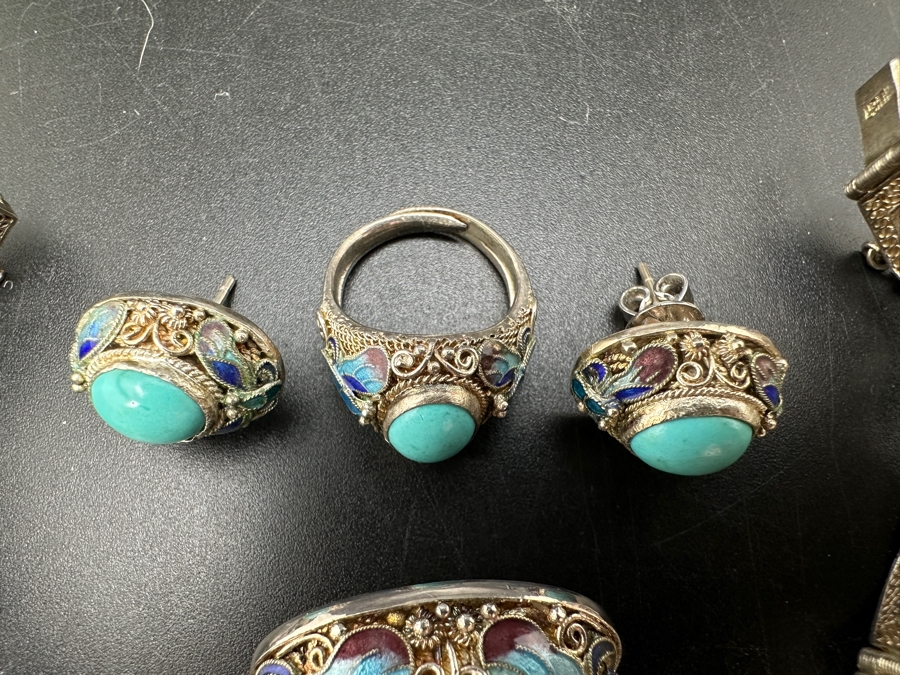 Vintage Filigree Silver Bracelet, Brooch Pin, Ring Size 4 And Earrings Set With Cabochon Turquoise Total Weight 45g [Photo 7]