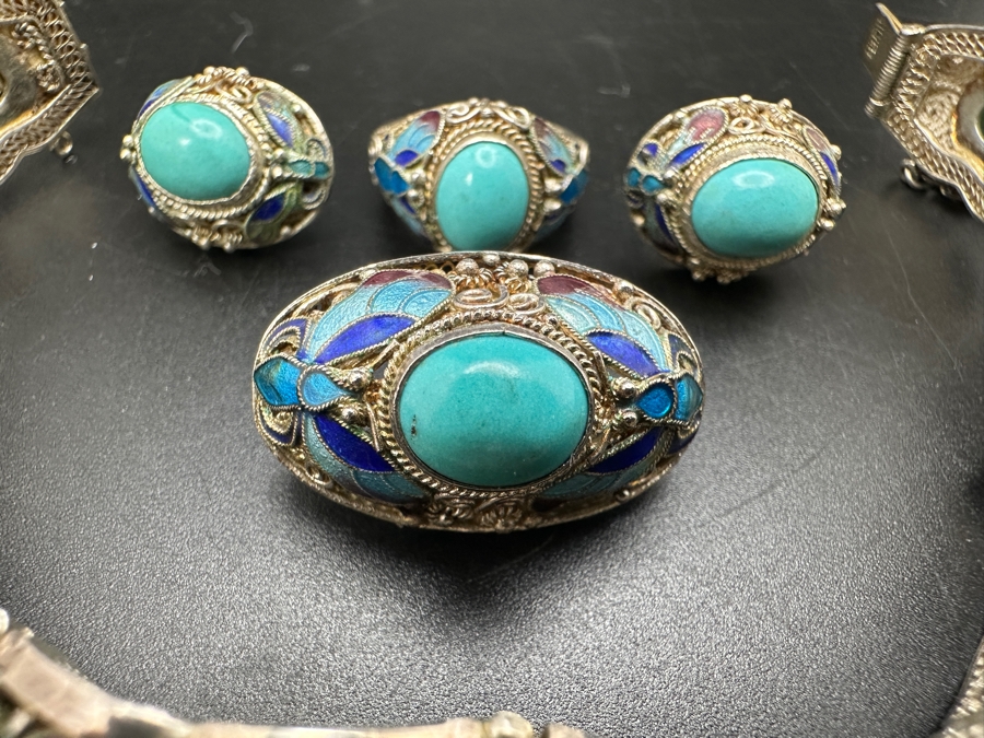 Vintage Filigree Silver Bracelet, Brooch Pin, Ring Size 4 And Earrings Set With Cabochon Turquoise Total Weight 45g [Photo 6]