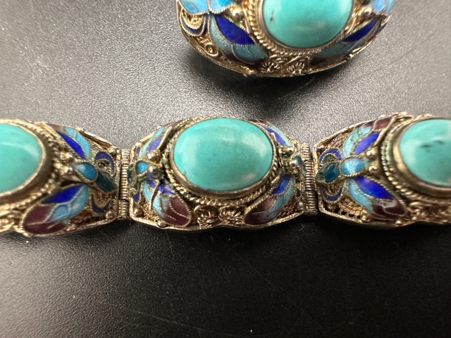 Vintage Filigree Silver Bracelet, Brooch Pin, Ring Size 4 And Earrings Set With Cabochon Turquoise Total Weight 45g [Photo 9]