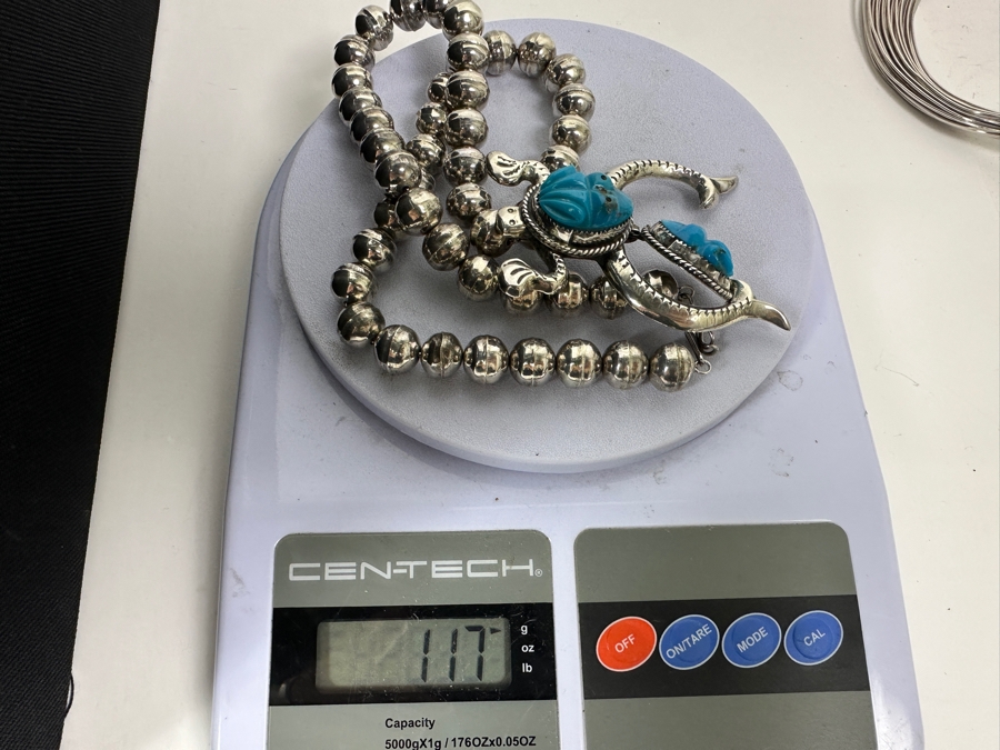 Vintage Sterling Silver 22' Necklace With Carved Turquoise Frog Sterling Silver Pendant 117g [Photo 9]