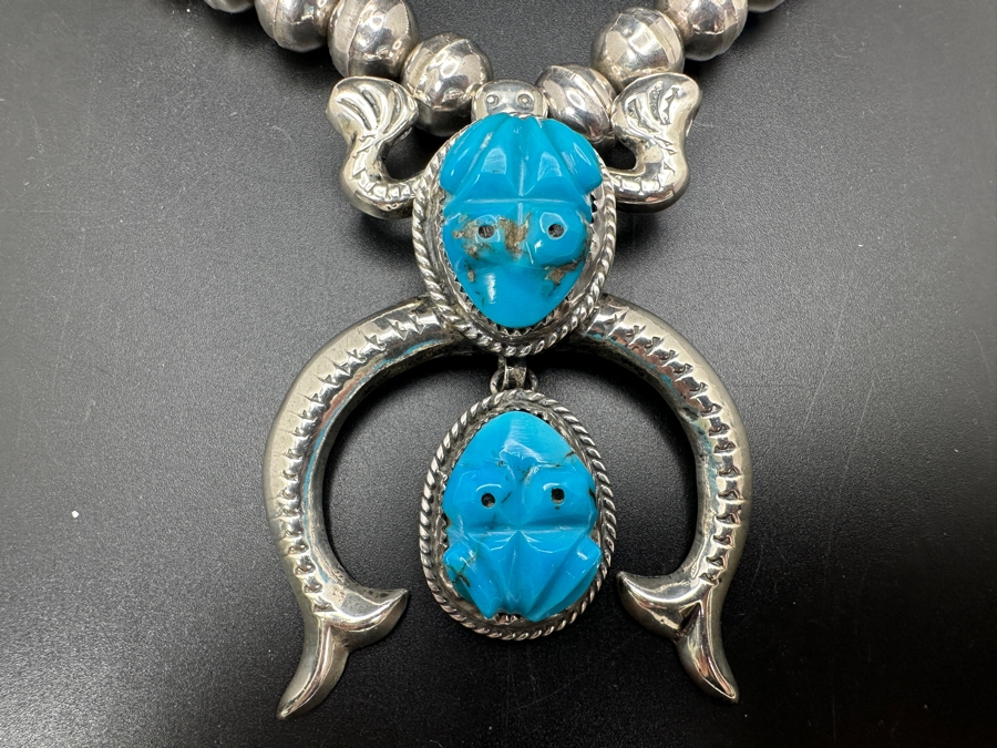 Vintage Sterling Silver 22' Necklace With Carved Turquoise Frog Sterling Silver Pendant 117g [Photo 4]