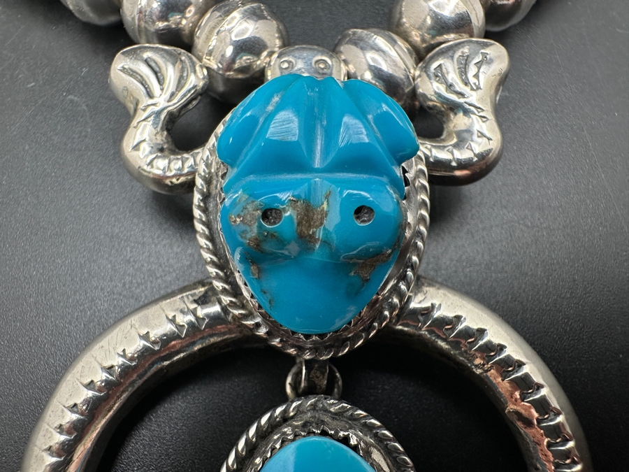Vintage Sterling Silver 22' Necklace With Carved Turquoise Frog Sterling Silver Pendant 117g [Photo 6]