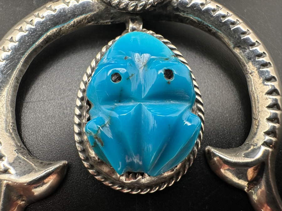Vintage Sterling Silver 22' Necklace With Carved Turquoise Frog Sterling Silver Pendant 117g [Photo 5]