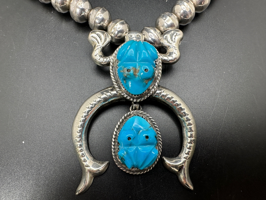 Vintage Sterling Silver 22' Necklace With Carved Turquoise Frog Sterling Silver Pendant 117g [Photo 3]