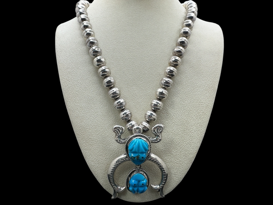 Vintage Sterling Silver 22' Necklace With Carved Turquoise Frog Sterling Silver Pendant 117g