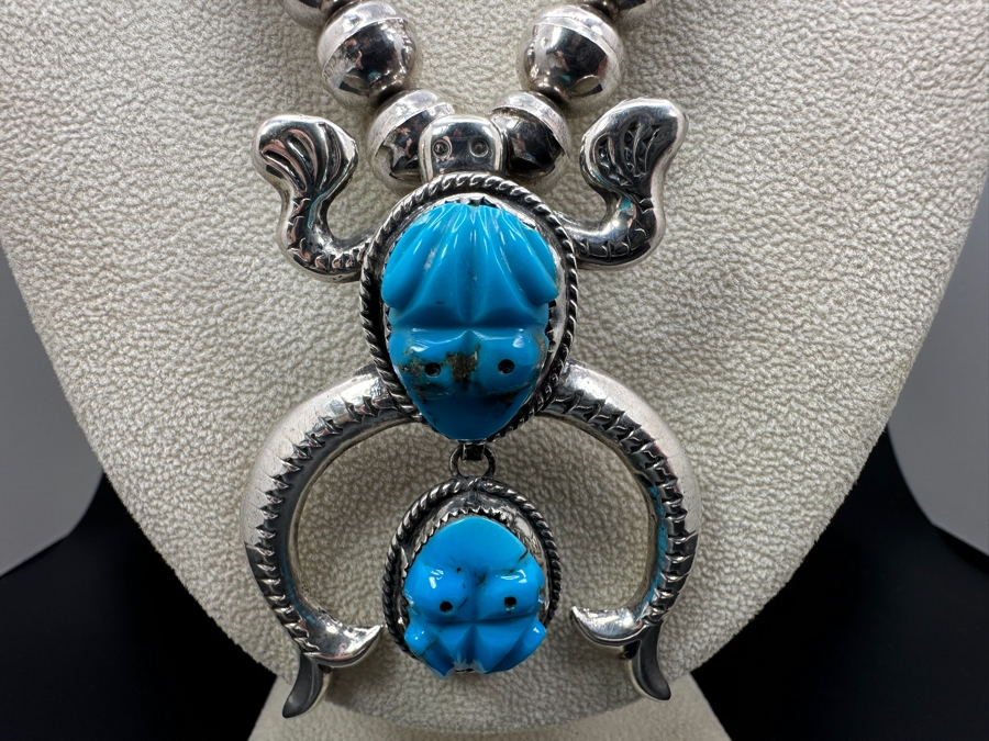 Vintage Sterling Silver 22' Necklace With Carved Turquoise Frog Sterling Silver Pendant 117g [Photo 2]