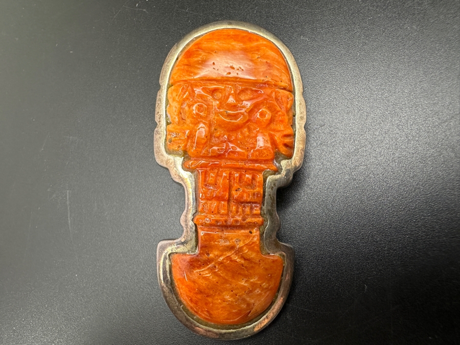 950 Silver Signed Carved Spondyllus Tumi Brooch Pin 28g [Photo 2]