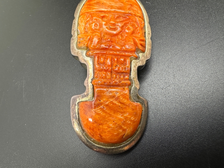 950 Silver Signed Carved Spondyllus Tumi Brooch Pin 28g [Photo 4]