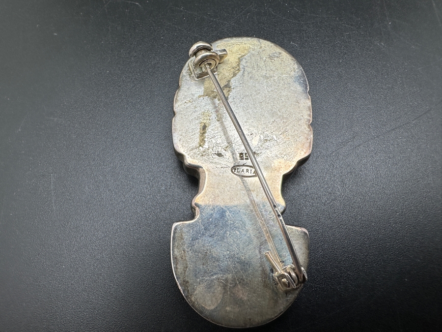 950 Silver Signed Carved Spondyllus Tumi Brooch Pin 28g [Photo 6]