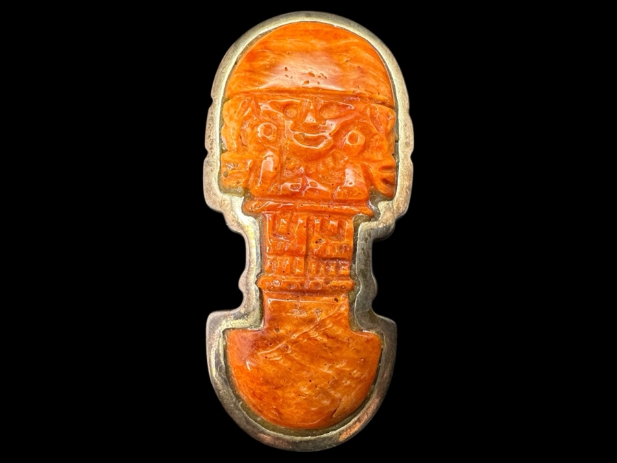 950 Silver Signed Carved Spondyllus Tumi Brooch Pin 28g [Photo 1]