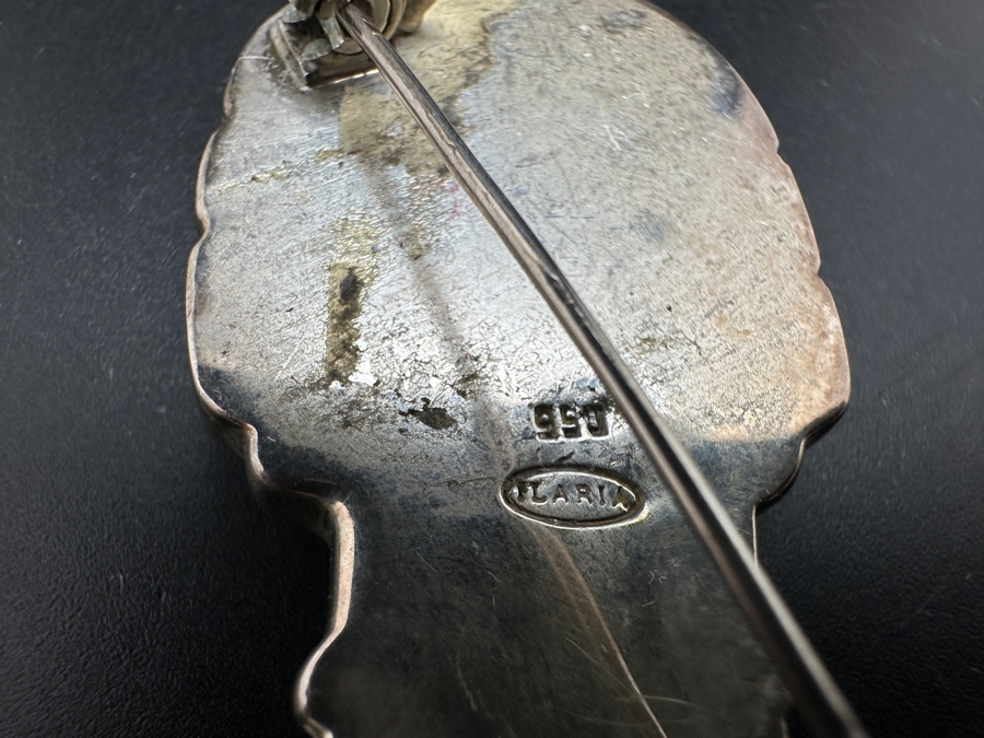 950 Silver Signed Carved Spondyllus Tumi Brooch Pin 28g [Photo 7]