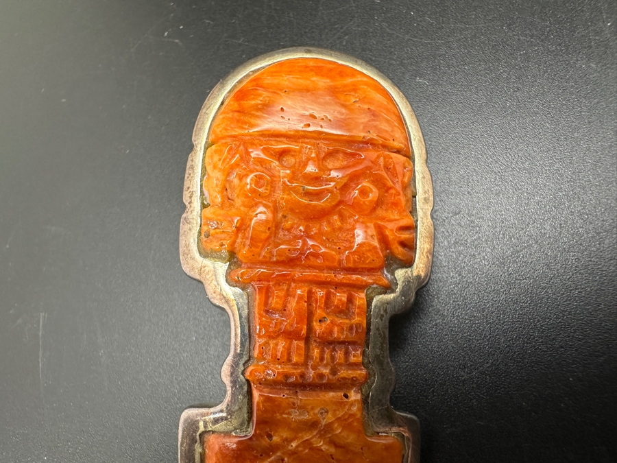 950 Silver Signed Carved Spondyllus Tumi Brooch Pin 28g [Photo 3]