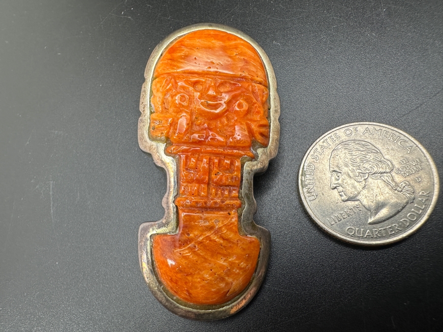 950 Silver Signed Carved Spondyllus Tumi Brooch Pin 28g [Photo 5]