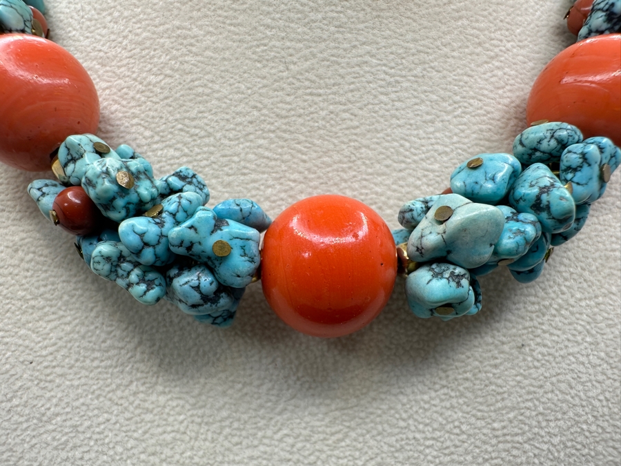 Vintage Turquoise Coral Beaded 15' Necklace With Silver Clasp [Photo 3]