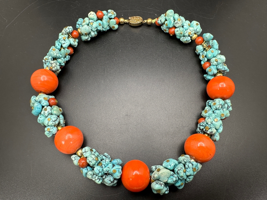 Vintage Turquoise Coral Beaded 15' Necklace With Silver Clasp [Photo 8]
