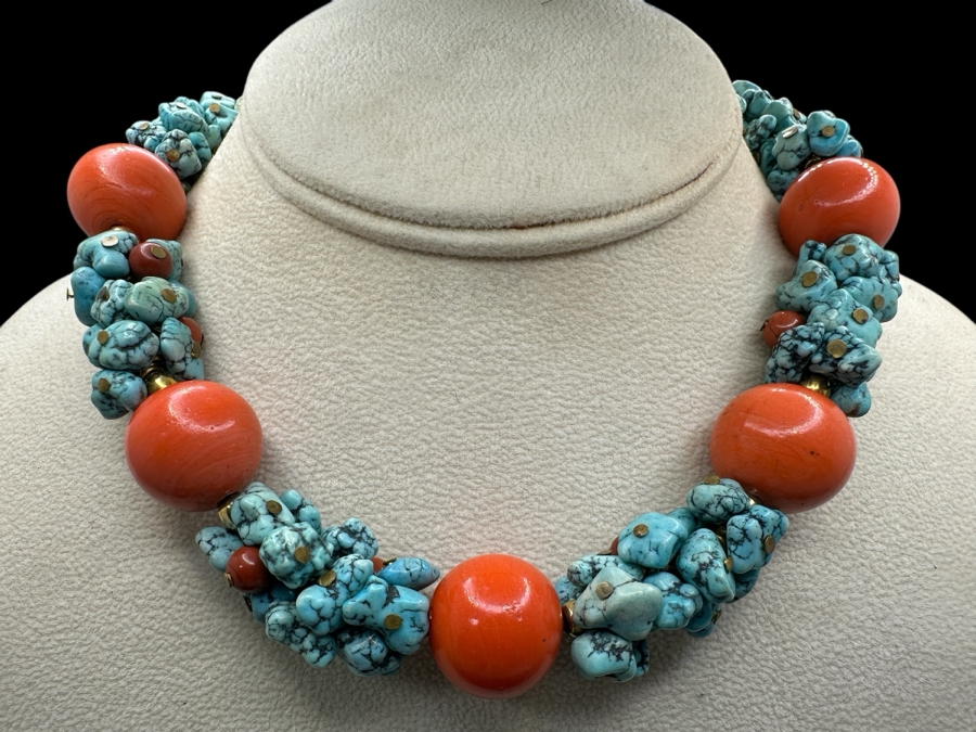 Vintage Turquoise Coral Beaded 15' Necklace With Silver Clasp [Photo 1]