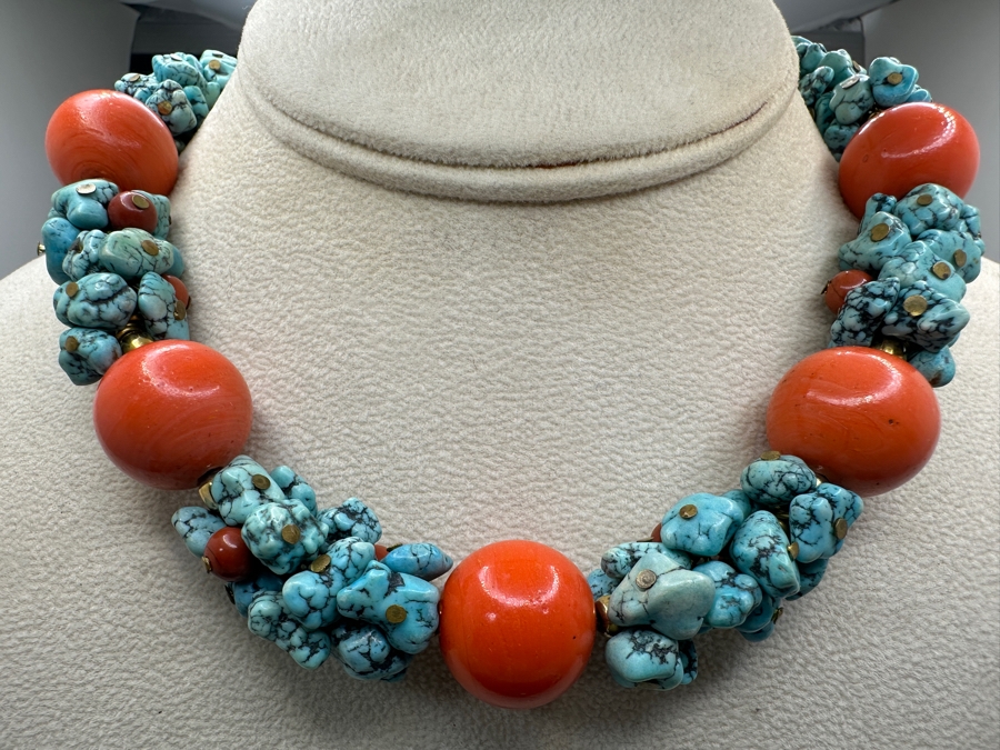 Vintage Turquoise Coral Beaded 15' Necklace With Silver Clasp [Photo 2]