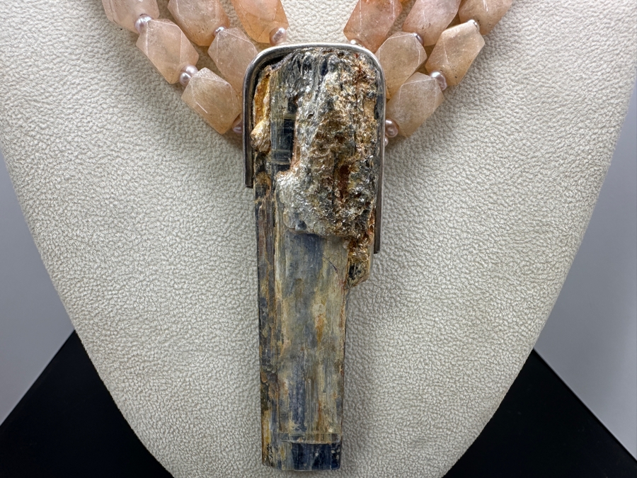 Statement Multi-Strand Stone Bead Necklace With Pearl Spacers And Large Pendant 224g [Photo 3]