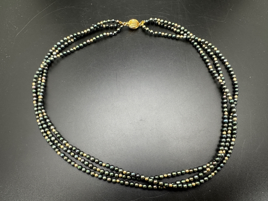 3-Strand 14K Gold Beads And Pearl 16' Necklace With 14K Gold Clasp 18g [Photo 5]