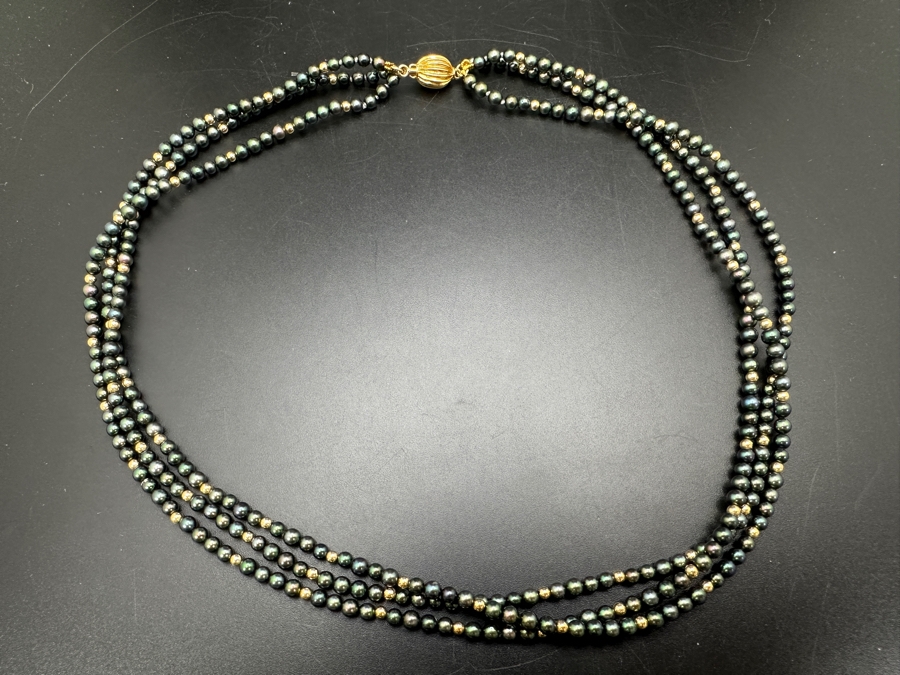 3-Strand 14K Gold Beads And Pearl 16' Necklace With 14K Gold Clasp 18g [Photo 4]