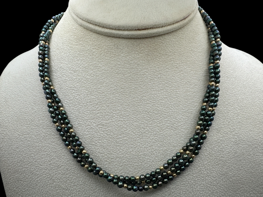 3-Strand 14K Gold Beads And Pearl 16' Necklace With 14K Gold Clasp 18g [Photo 1]