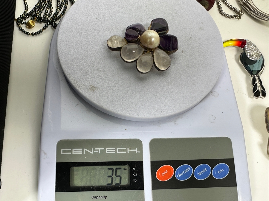 Vintage Sterling Silver Rose Quartz, Amethyst And Pearl Brooch Pin 35g [Photo 9]