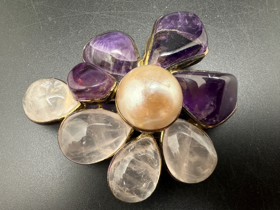 Vintage Sterling Silver Rose Quartz, Amethyst And Pearl Brooch Pin 35g [Photo 2]