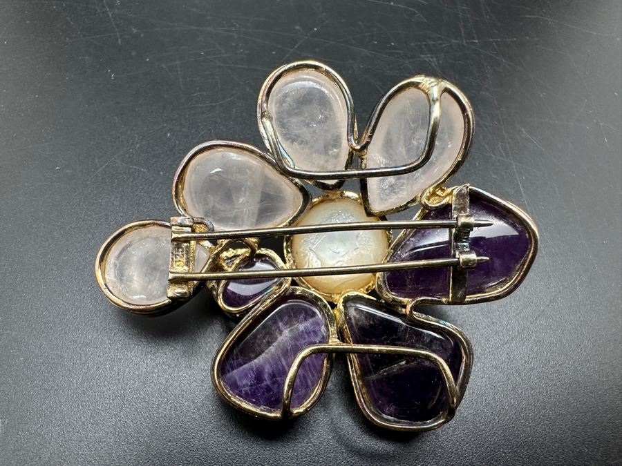 Vintage Sterling Silver Rose Quartz, Amethyst And Pearl Brooch Pin 35g [Photo 7]