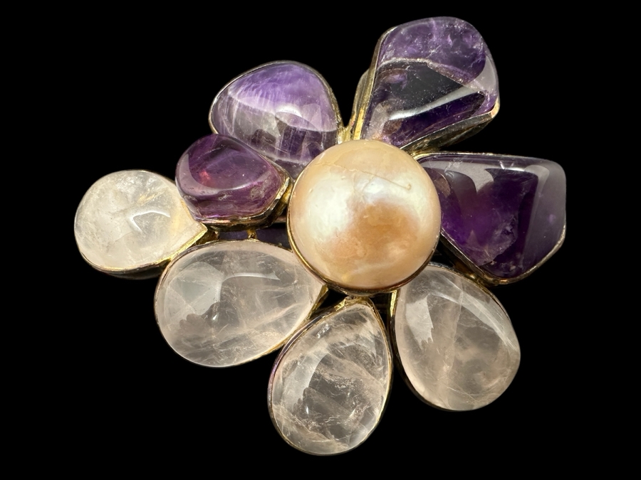 Vintage Sterling Silver Rose Quartz, Amethyst And Pearl Brooch Pin 35g [Photo 1]