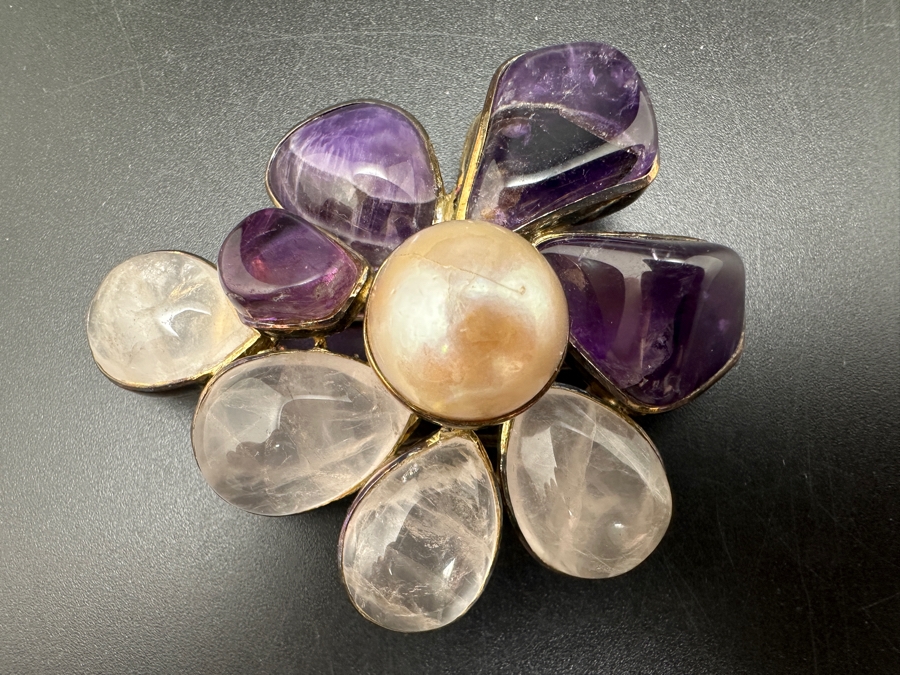 Vintage Sterling Silver Rose Quartz, Amethyst And Pearl Brooch Pin 35g [Photo 3]