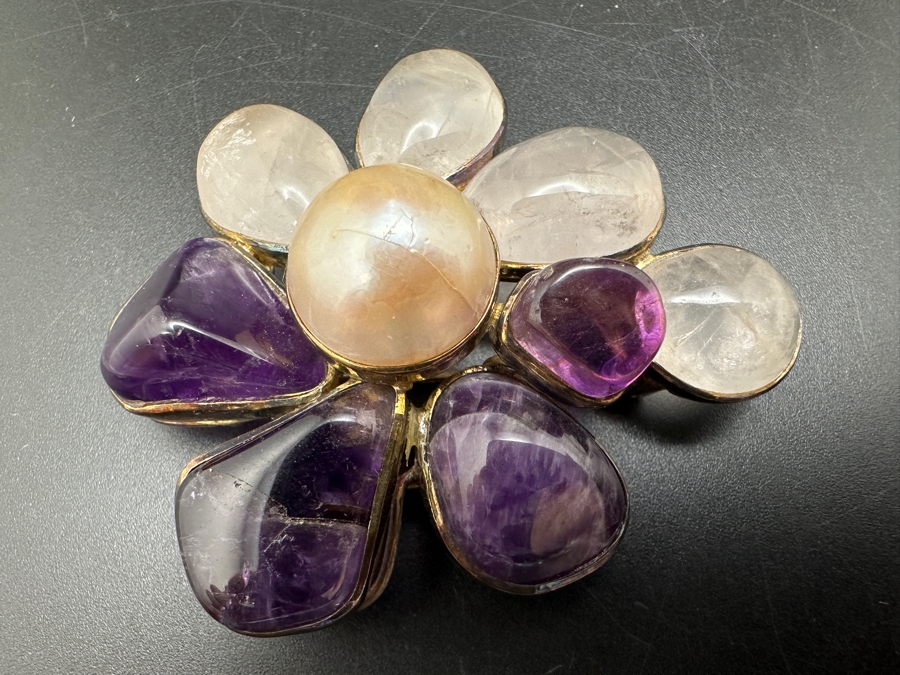 Vintage Sterling Silver Rose Quartz, Amethyst And Pearl Brooch Pin 35g [Photo 6]