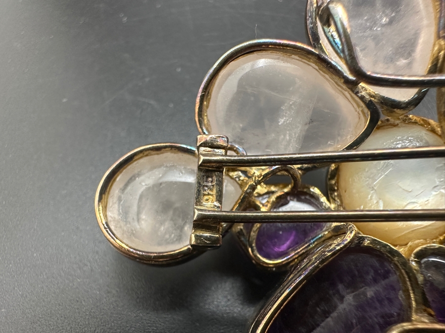 Vintage Sterling Silver Rose Quartz, Amethyst And Pearl Brooch Pin 35g [Photo 8]