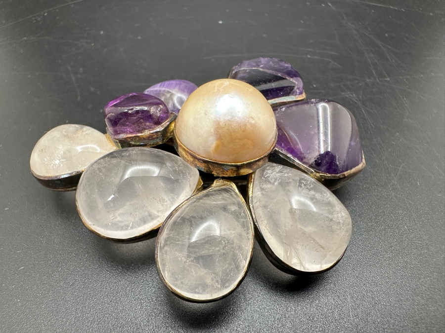 Vintage Sterling Silver Rose Quartz, Amethyst And Pearl Brooch Pin 35g [Photo 5]