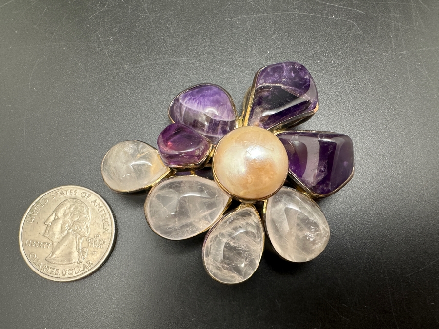 Vintage Sterling Silver Rose Quartz, Amethyst And Pearl Brooch Pin 35g [Photo 4]
