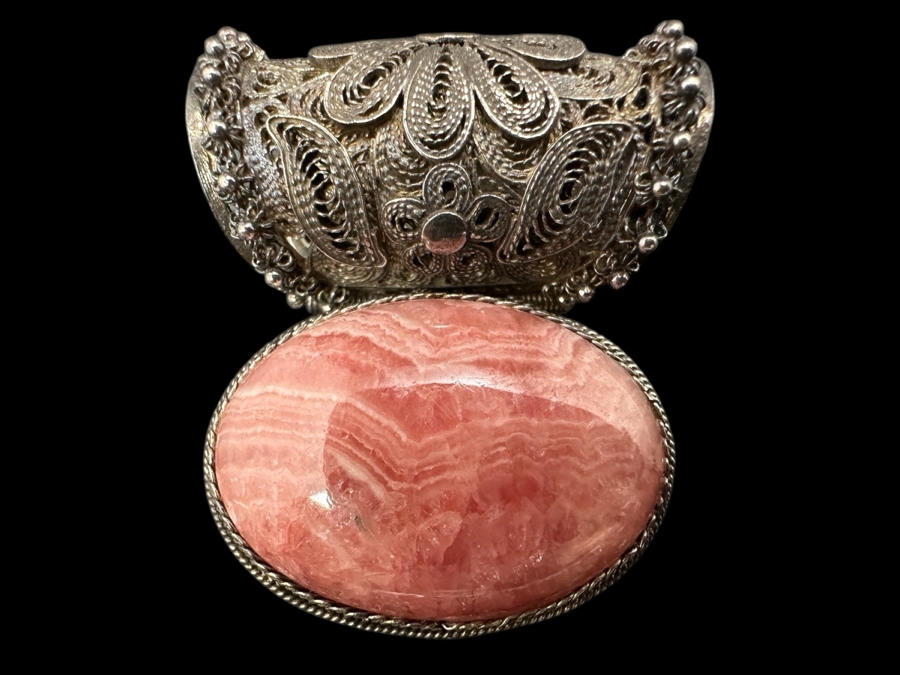 Vintage Filigree Sterling Silver Cabachon Rhodochrosite Pendant 15g [Photo 1]