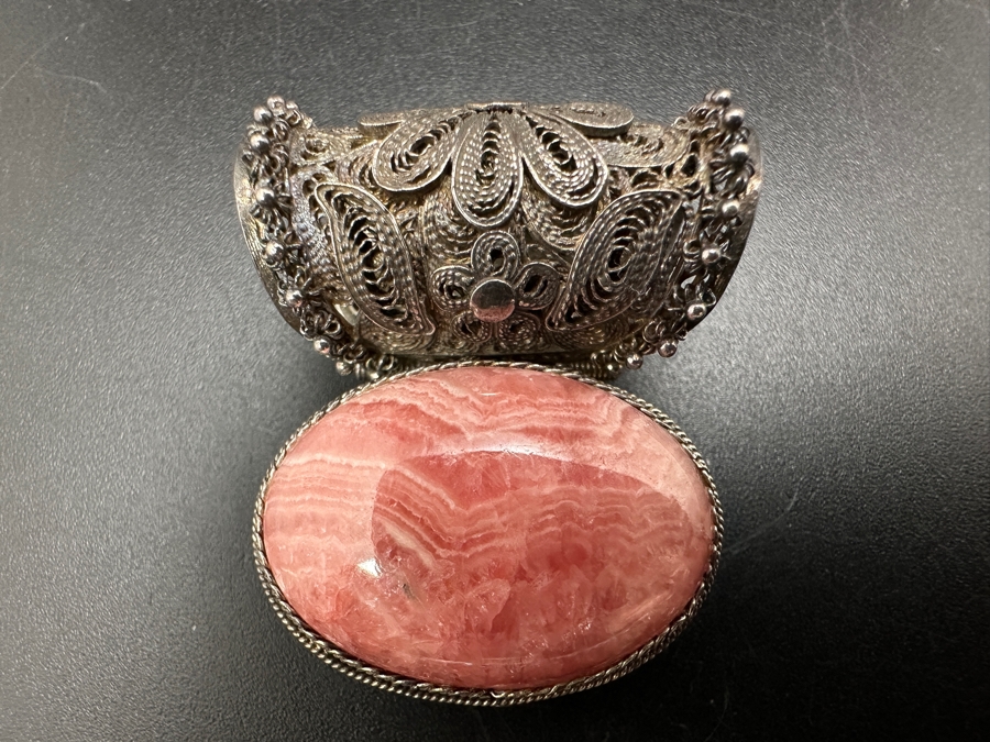 Vintage Filigree Sterling Silver Cabachon Rhodochrosite Pendant 15g [Photo 2]