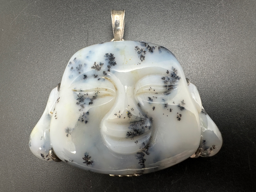 Vintage Chinese Carved Dendritic Agate Buddha Pendant 34g [Photo 2]