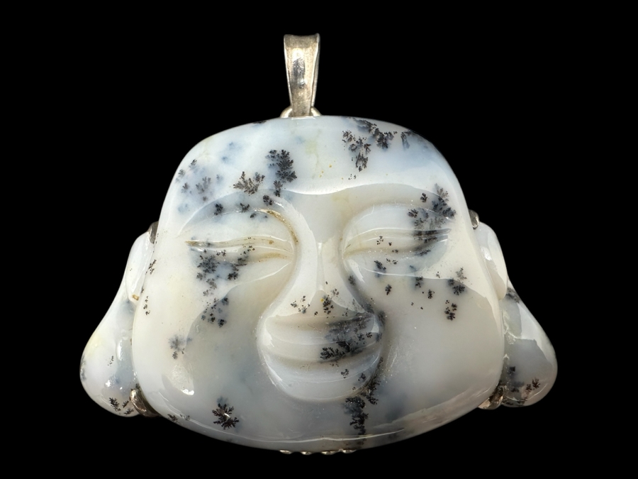 Vintage Chinese Carved Dendritic Agate Buddha Pendant 34g [Photo 1]