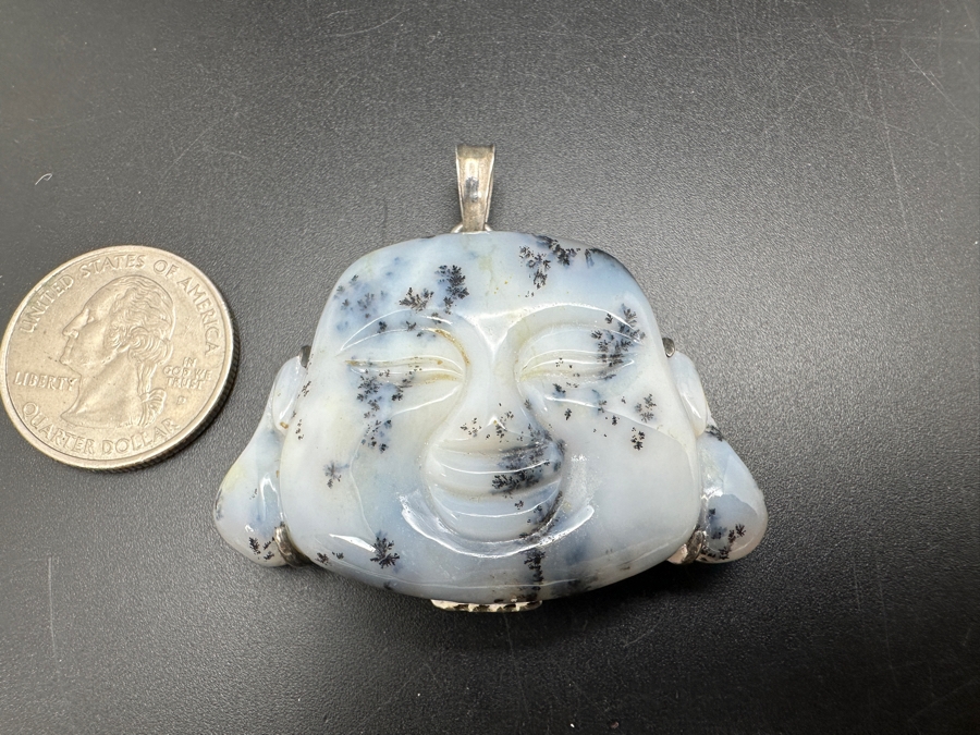 Vintage Chinese Carved Dendritic Agate Buddha Pendant 34g [Photo 4]
