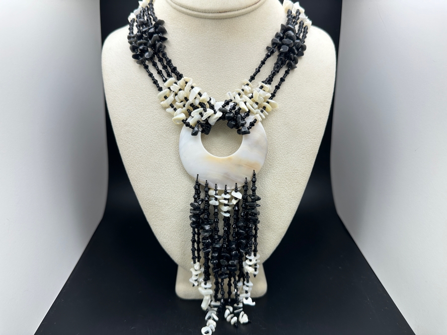 18' Statement Shell Pendant Necklace With Various Black Stones And Shells [Photo 2]