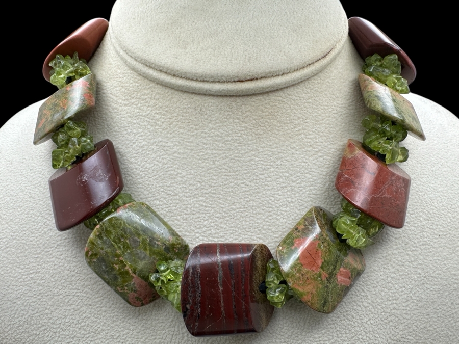 16' Polished Geometric Stone Bead Necklace With Unakite [Photo 1]