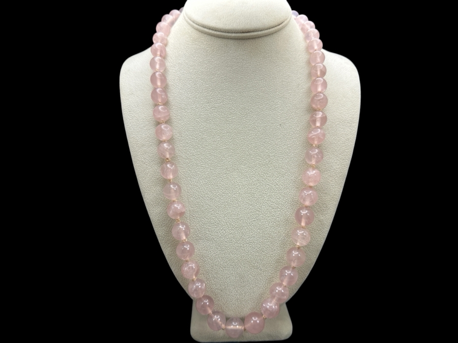Vintage 26' Rose Quartz Beaded Necklace With Silver Clasp [Photo 1]
