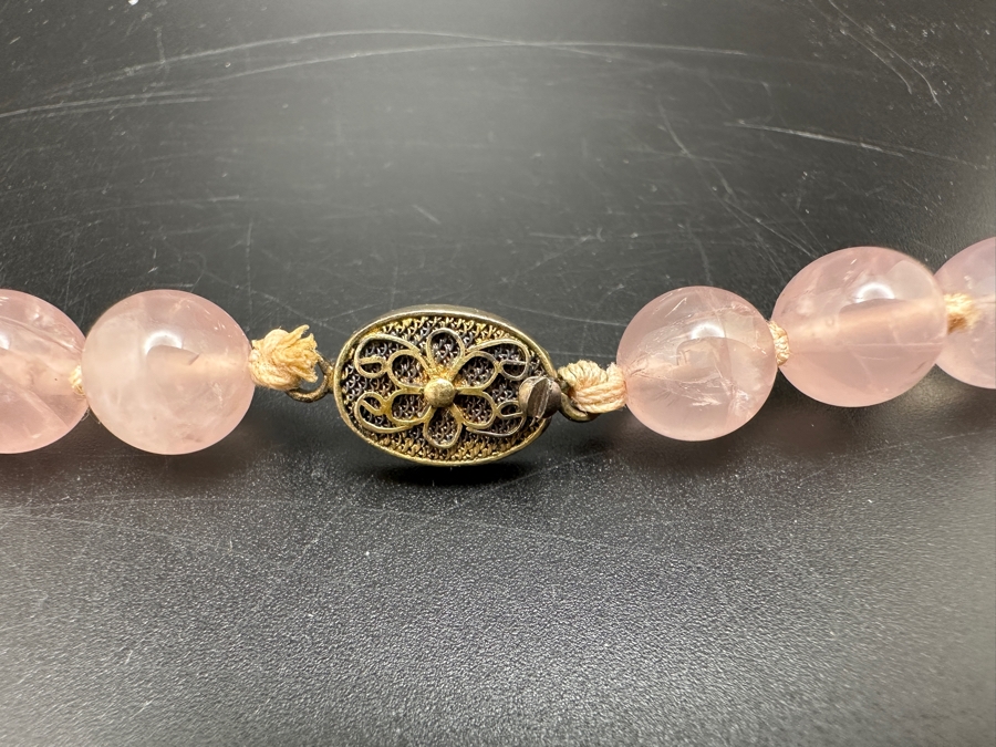 Vintage 26' Rose Quartz Beaded Necklace With Silver Clasp [Photo 3]