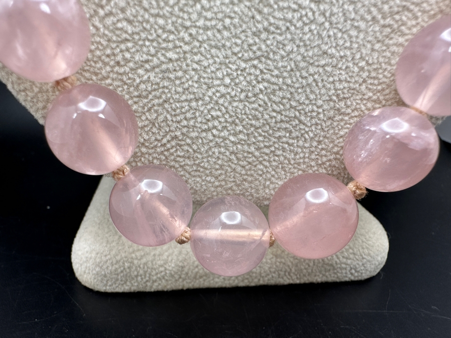 Vintage 26' Rose Quartz Beaded Necklace With Silver Clasp [Photo 2]