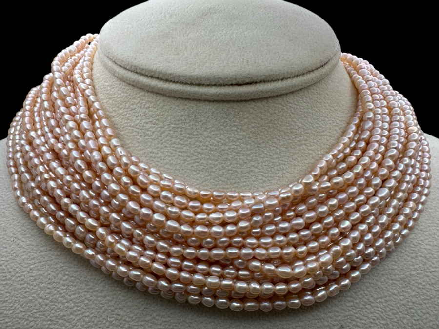 Vintage Signed Designer Sterling Silver Multi-Strand Pearl 12' Choker Necklace [Photo 1]