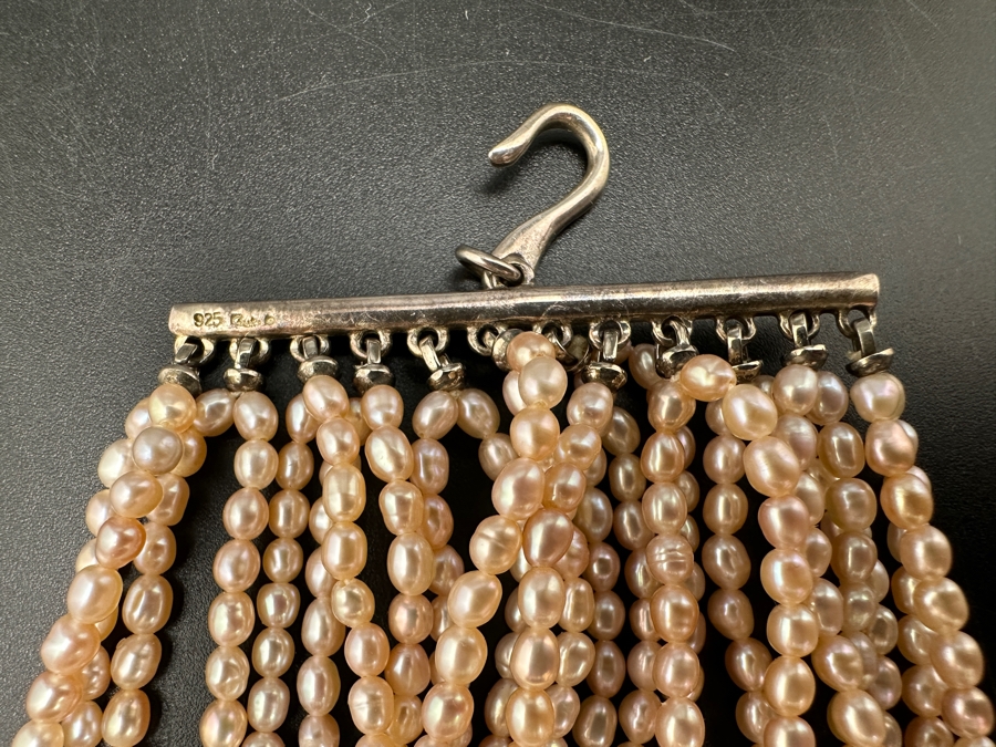 Vintage Signed Designer Sterling Silver Multi-Strand Pearl 12' Choker Necklace [Photo 6]