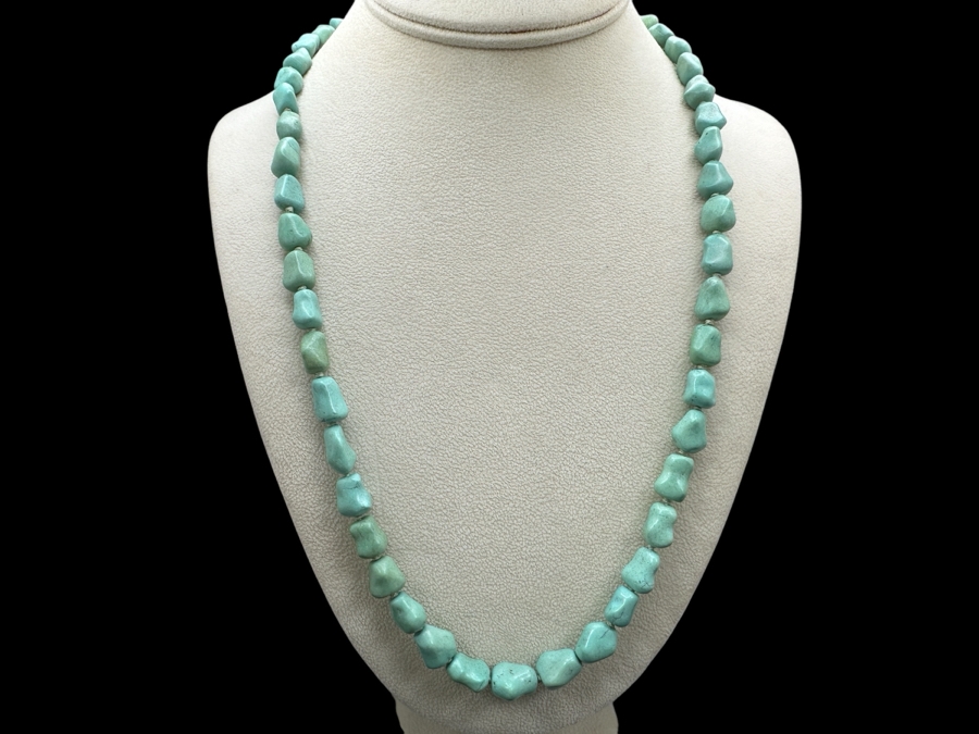 Vintage 24' Turquoise Beaded Necklace With Silver Clasp [Photo 1]