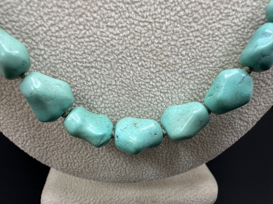 Vintage 24' Turquoise Beaded Necklace With Silver Clasp [Photo 2]