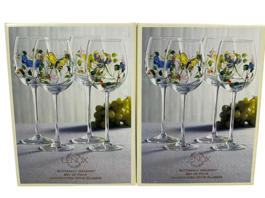 New 2 Boxes Of Lenox Butterfly Meadow Hand Painted Wine Glasses - Total Of 8 Wine Glasses