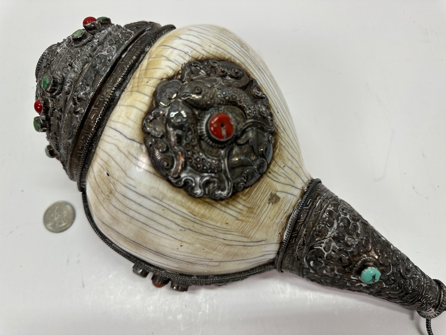 Impressive Tibetan Conch Shell Ritual Horn Adorned With Detailed Silver, Coral And Turquoise Weighs 2,232g [Photo 2]